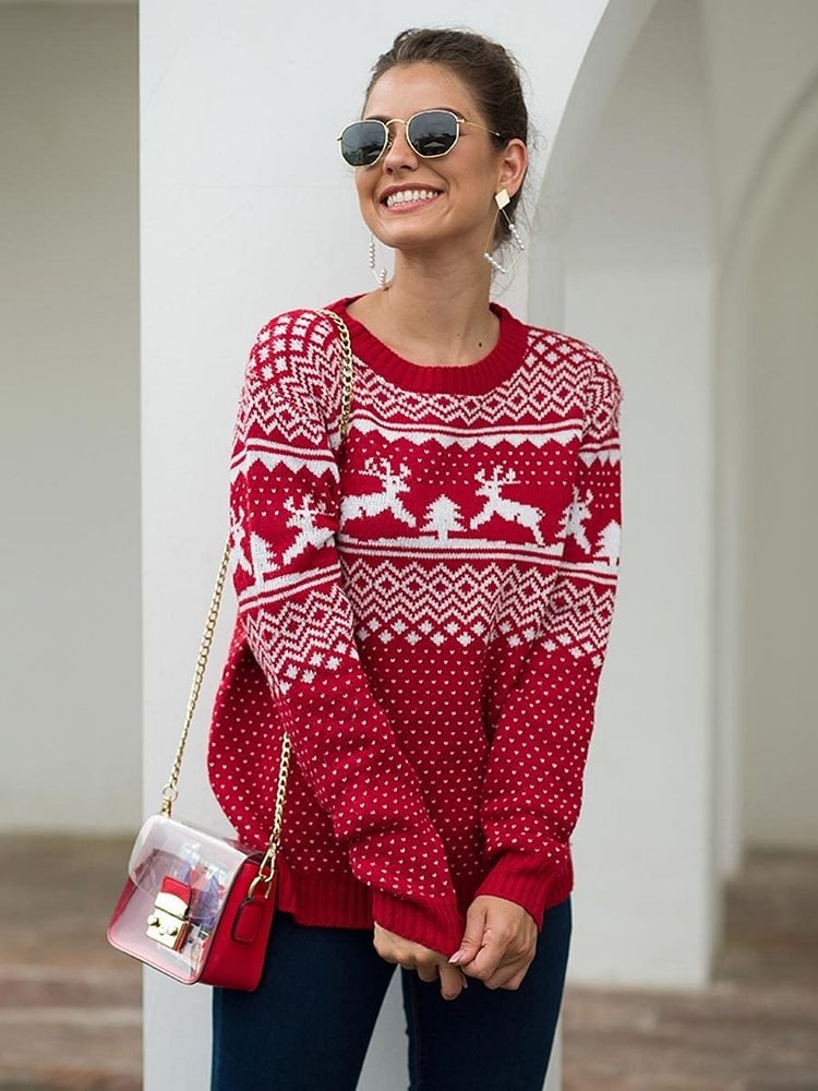 Mayoulove Knitted Sweater Crew Collar Christmas Pattern Long Sleeve Jumper-Mayoulove
