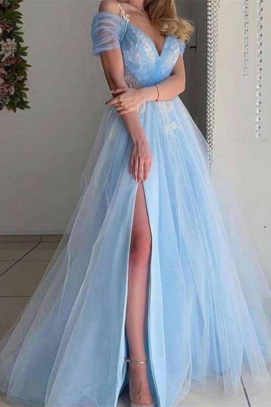 Luluslly Sky Blue Short Sleeves Prom Dress Long Tulle With Split