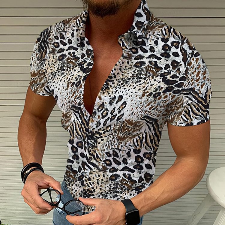 Leopard Print Short Sleeves Casual Beach Men Blouse Shirts
