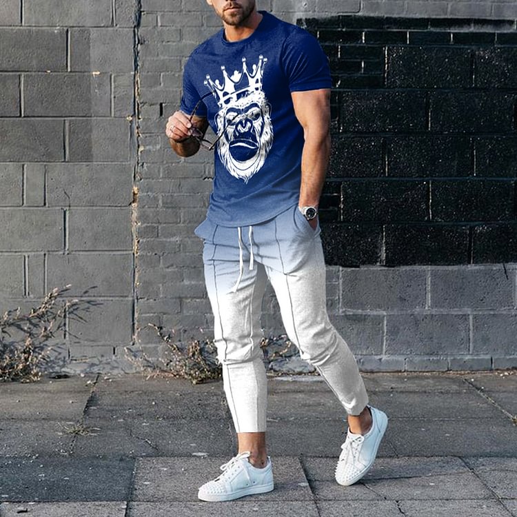 BrosWear Blue And White Gradient Print Sports T-Shirt And Pants Two Piece Set