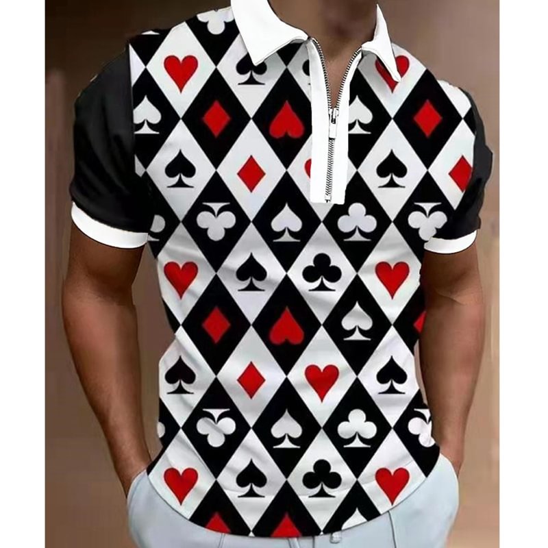 Playing Card Pattern Casual Short Sleeve Zipper Men's Polo Shirts Tops-VESSFUL