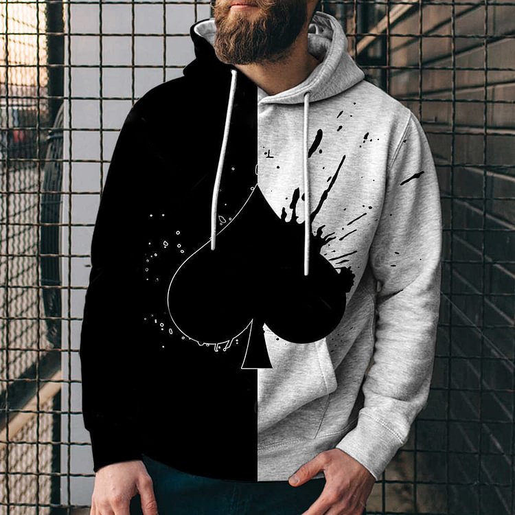BrosWear Men's Contrast Color Poker Spades Print Casual Outdoor Hoodie Black and gray