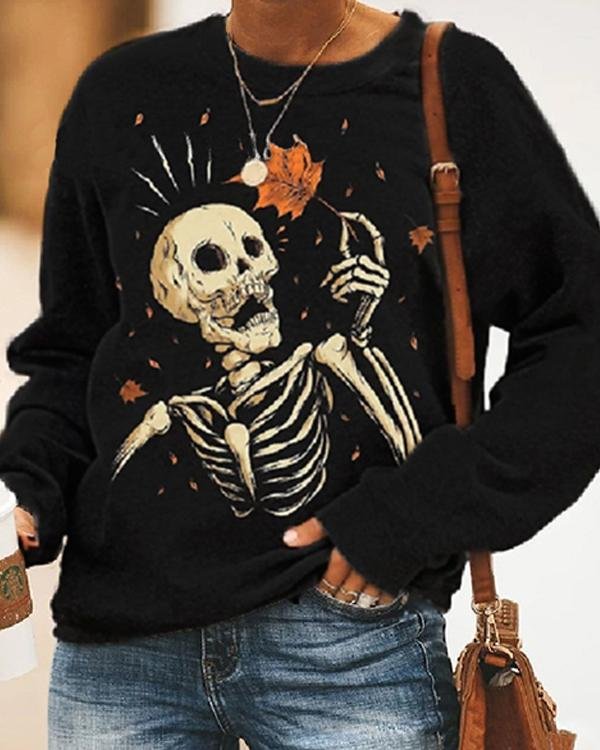 Women's Casual Skeleton Print Cozy Sweatshirt-Mayoulove
