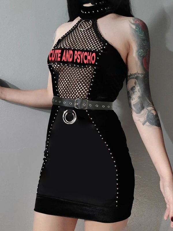 Dark Punk Style Fishnet Paneled See Through Rivets Halter Belt Bodycon Dress