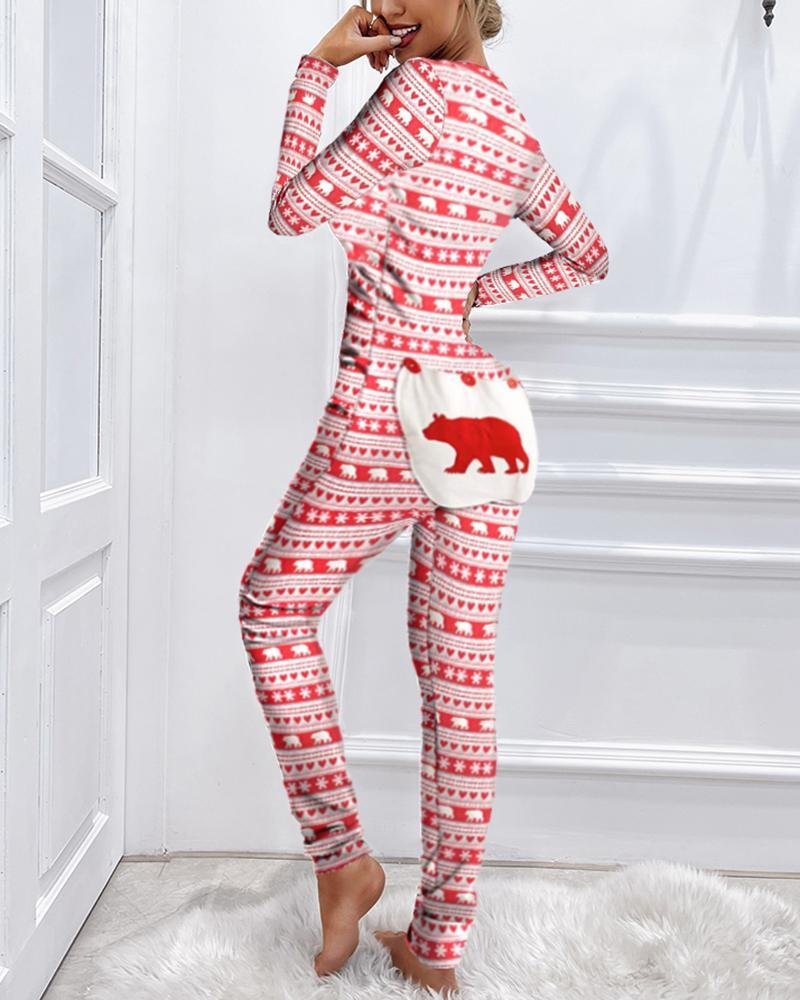 Christmas Print Functional Buttoned Flap Adults Pajamas P10818