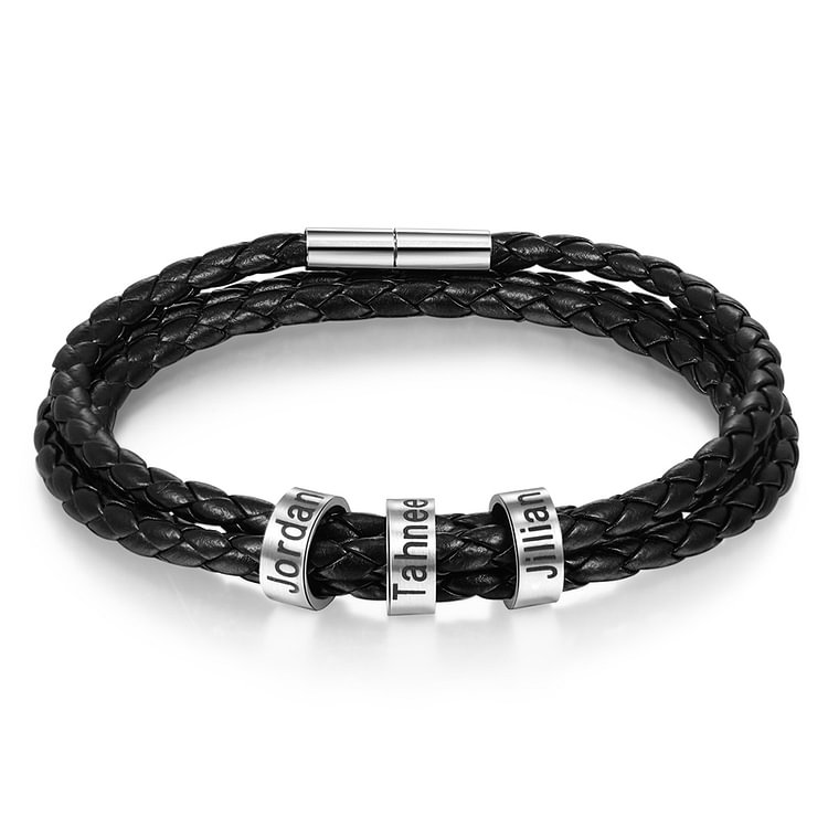 Leather Bracelet Custom Name Engraved 3 Beads for Men Women