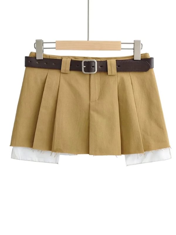 Industrial Solid Color Belt Decorated Pleated Layered Mini Skirt