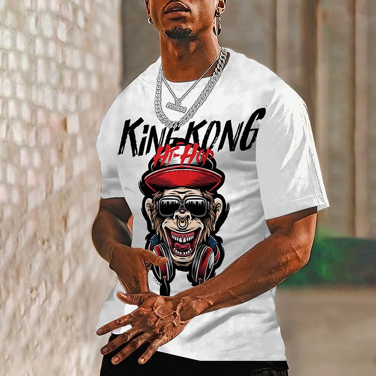 BrosWear Street Hip Hop Kong White Short Sleeve T-Shirt