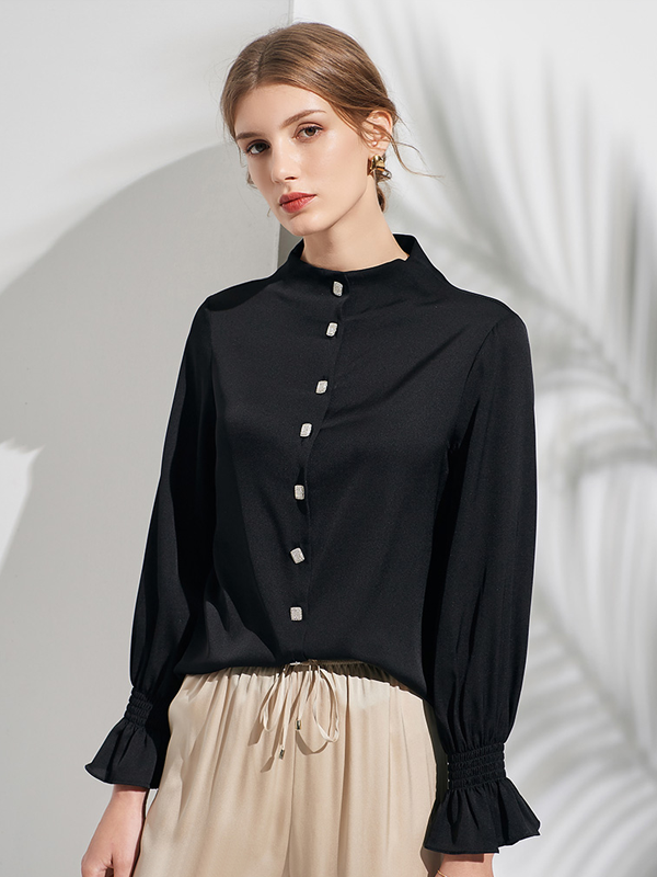 Silk Blouse With Square Button Black