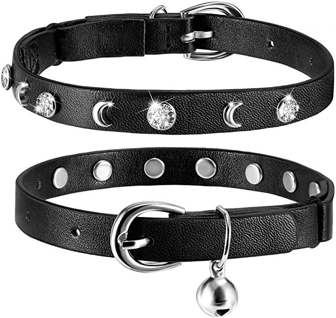 Leather Cat Collars Bell ,Cats Safety Collar with Elastic Strap, Adjustable Kitty Collar for Cats, Personalized Moon & Rhinestone 7-10 Inch Length for Cats, Kitten & Puppy (1 Pack Black)