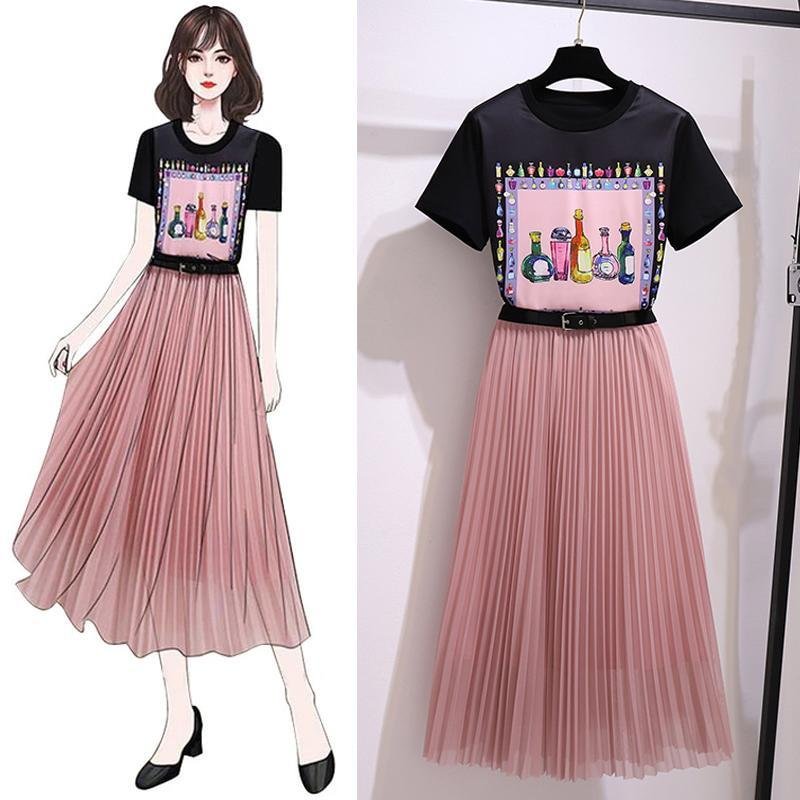 Fashion Print Tee+Solid Color Skirt P11661