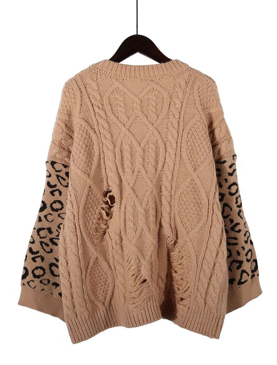 Fall/Winter Twist Leopard Stitching Long-sleeved Round Neck Pullover-Corachic