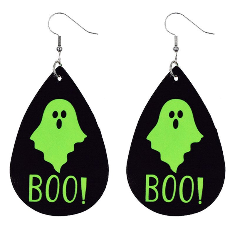 Minnieskull Fluorescent Green Luminous Leather Halloween Evil Pumpkin Earrings - Minnieskull