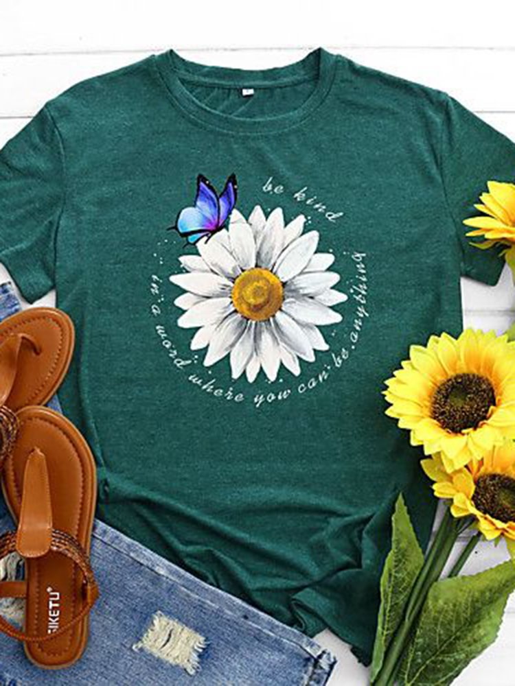 BrosWear Women's Butterfly Daisy Flower Print T-Shirt