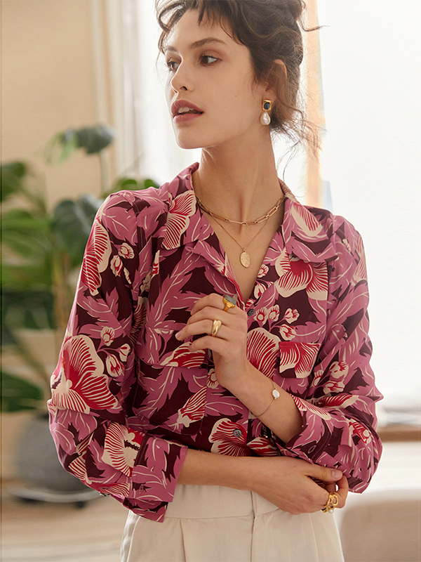 Blooming Flowers Printed Women's Silk Shirt