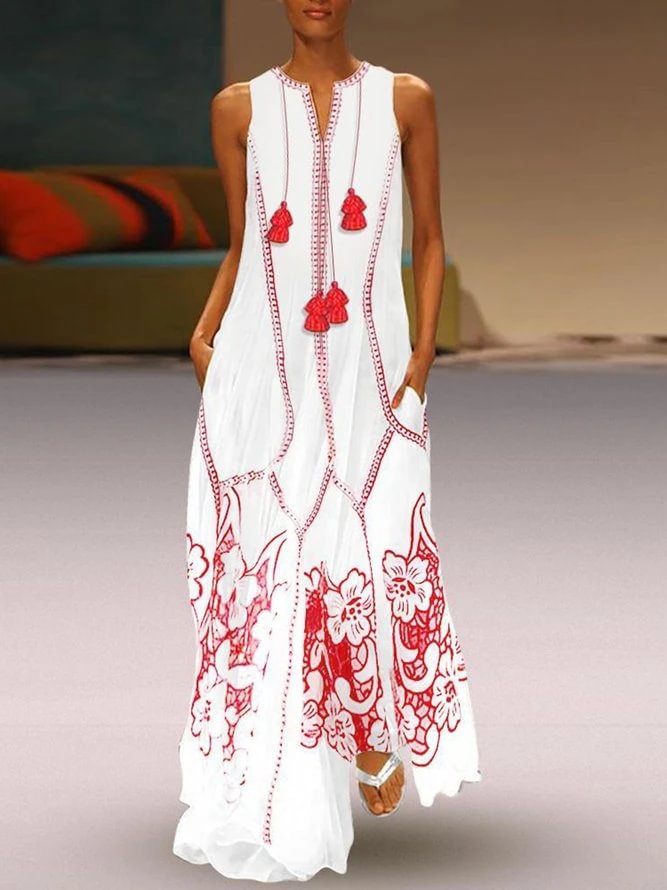 Plus Size Women White Casual Sleeveless Floral Linen Maxi Dresses-Corachic
