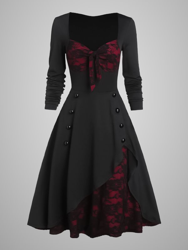Gothic Dark Vintage Buttoned Paneled Lace Decorated Long Sleeve Square Collar Dress