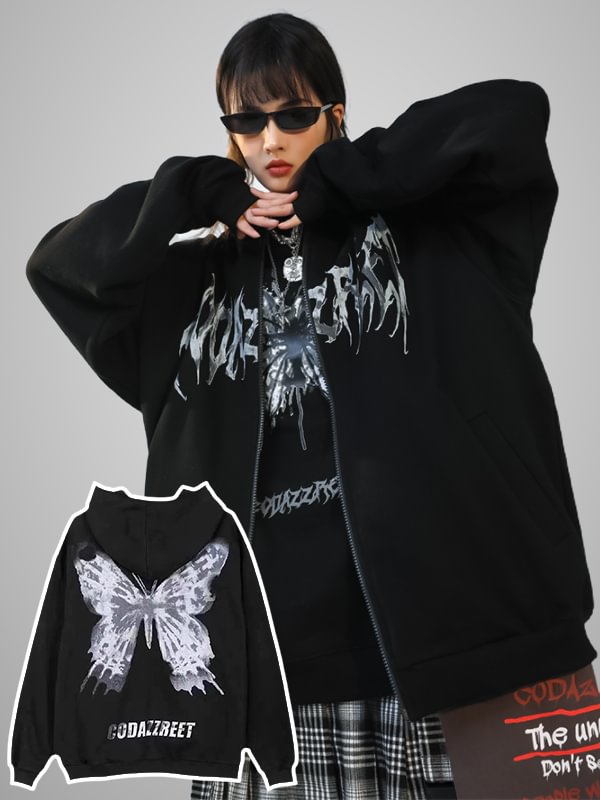 Gothic Dark Statement Butterfly & Letter Printed Hooded Long Sleeve Zip Up Jacket