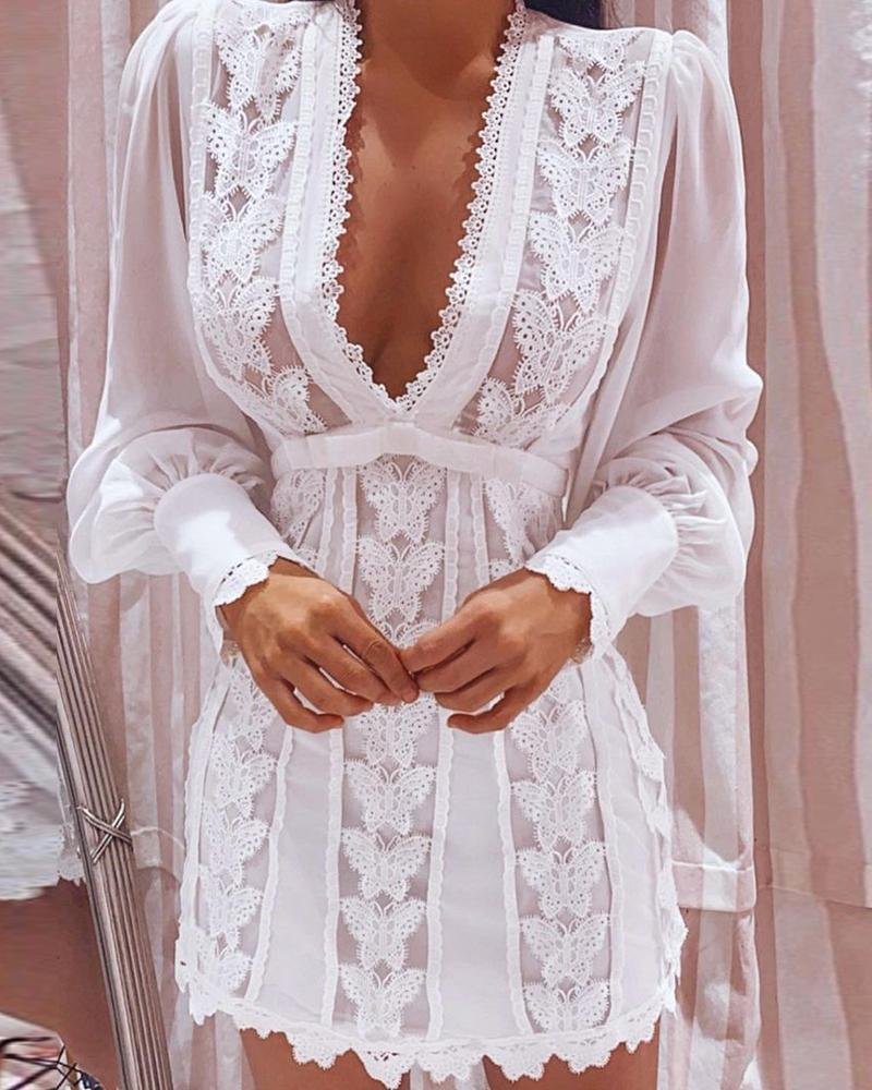 Sheer Mesh Puff Sleeve Butterfly Lace Dress P14723