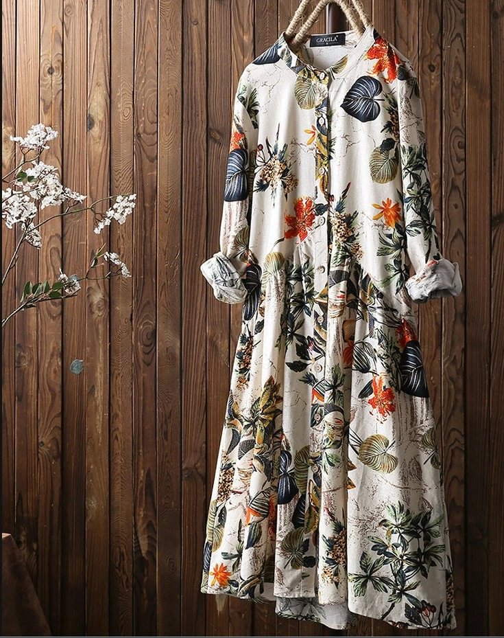 Fashion Flower Print Round Neck Long Sleeve Casual Maxi Dress-Corachic