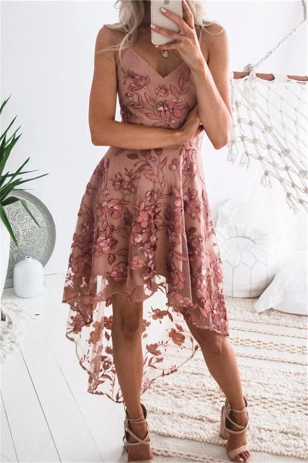 Womens V Neck Irregular Patchwork Sling Floral Print Lace Dress-Allyzone-Allyzone