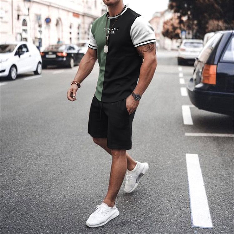 BrosWear Black And Green T-Shirt And Shorts Two-Piece Set
