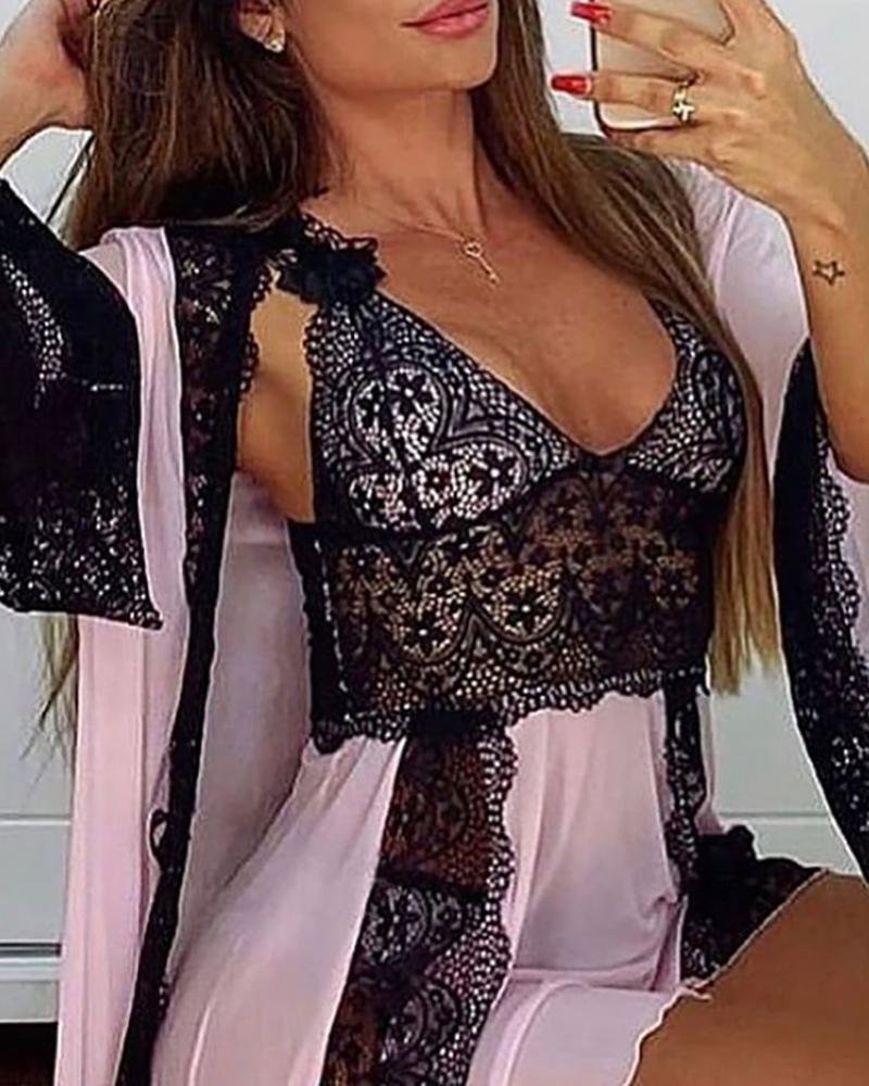 Lace Mesh Backless Babydoll With Robe-Icossi