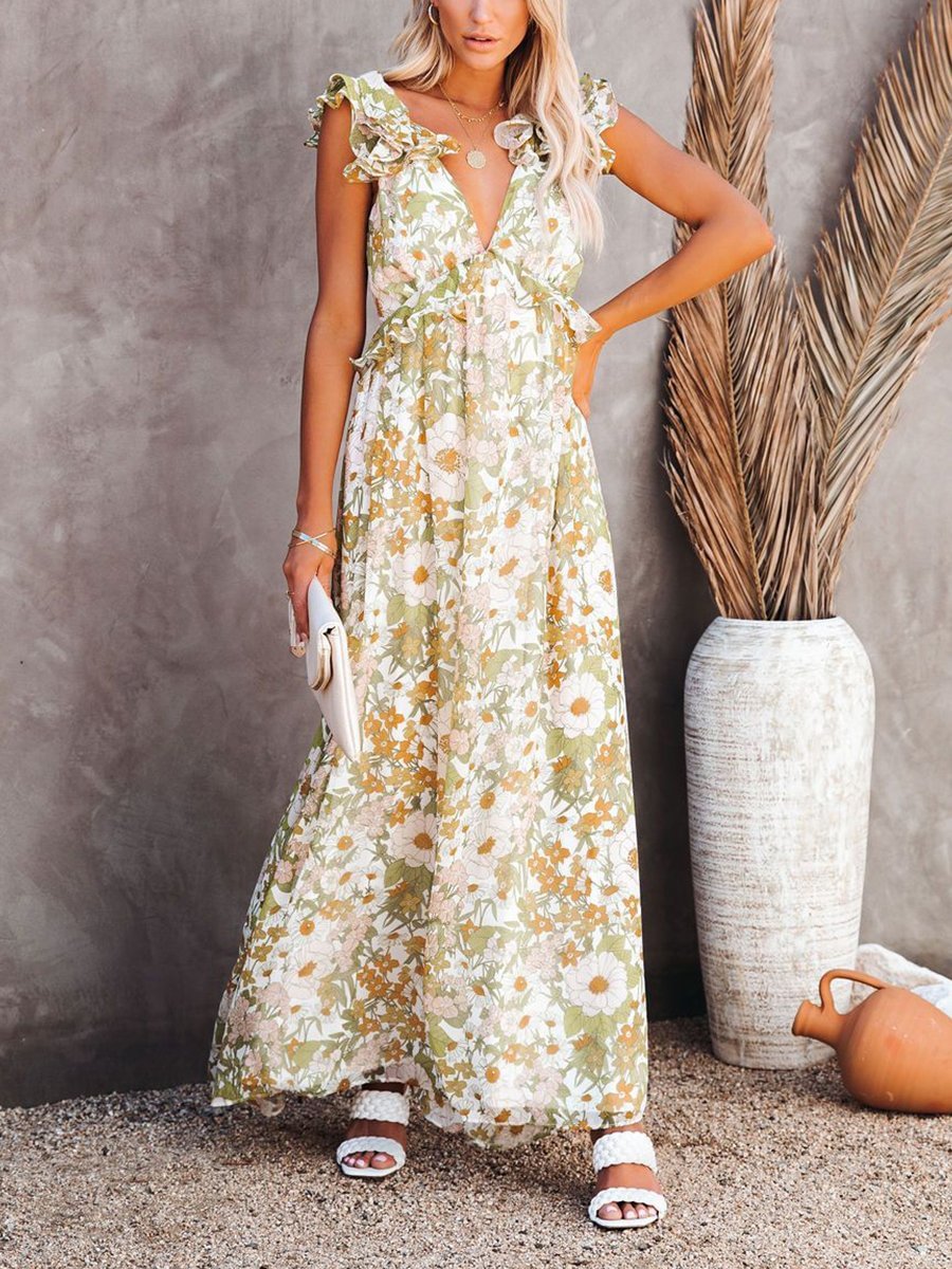 Fashion Ruffled High Waist Floral Print Maxi Dress P11686