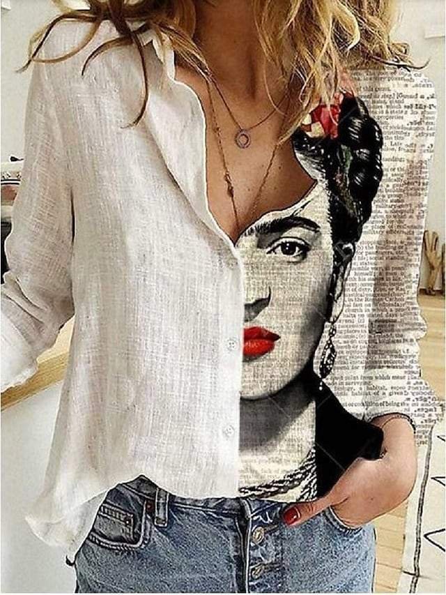 Women's Blouse Shirt Portrait Long Sleeve Print Shirt Collar Tops Basic Basic Top White-Corachic