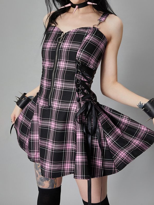 Summer Checkered Side Lace Up Zipper Spaghetti Straps Dress