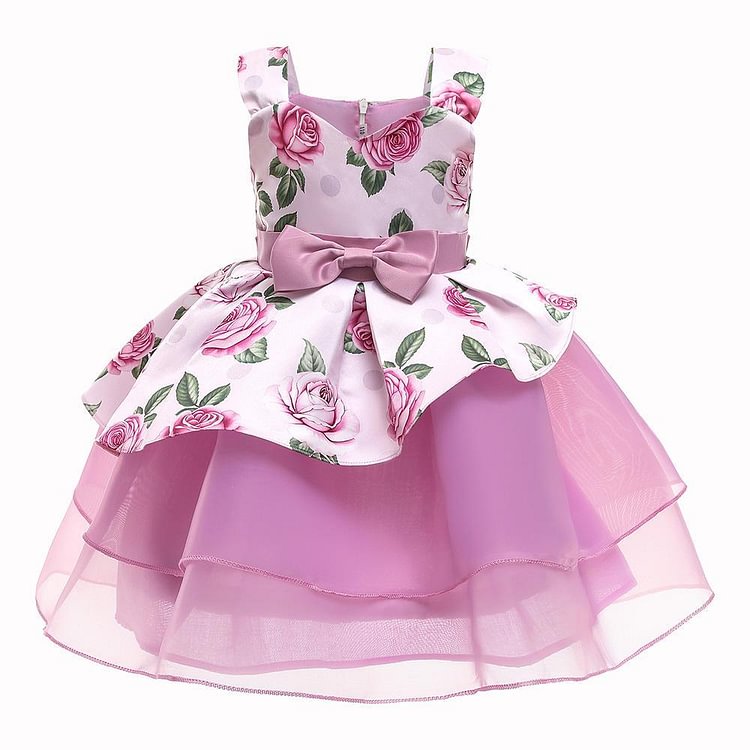 Girls Pink Rose Pattern Pageant Tiers Tulle Birthday Party Dress-Mayoulove