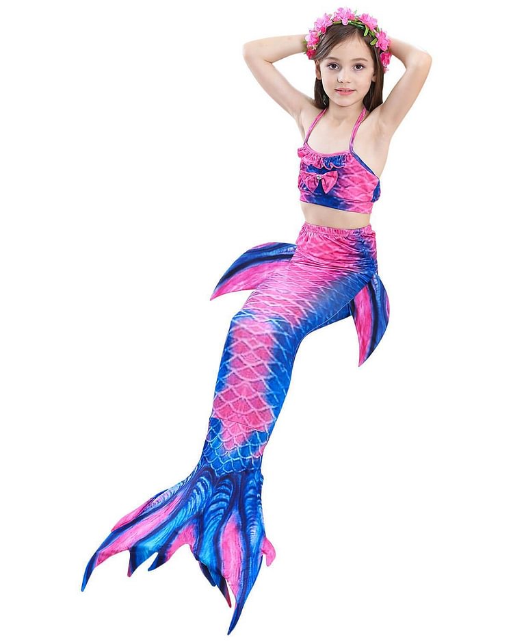Blue Pink Contrast Mermaid Tail N Fins Top And Bottom Girls Swimsuit-Mayoulove