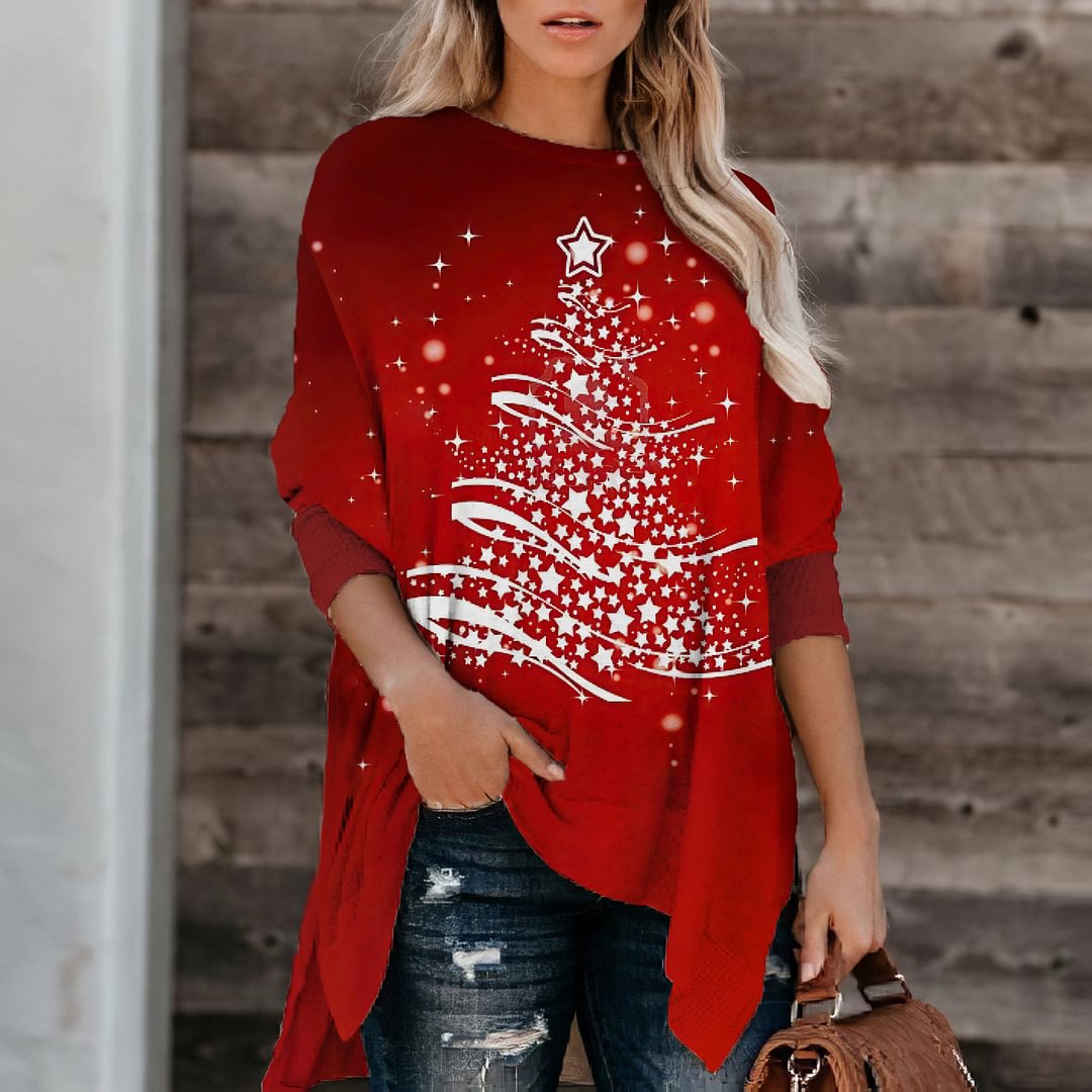 Christmas Trees Womens Long Sleeves Classic Red Tees
