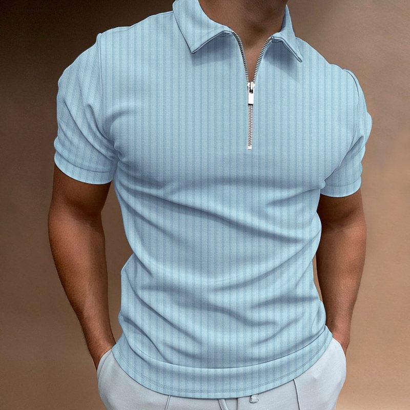 Stripe Zipper Short Sleeve Casual Men's Polo Shirts-VESSFUL