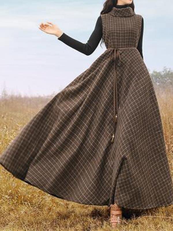 Vintage Wool Plaid Sleeveless Dress-Mayoulove
