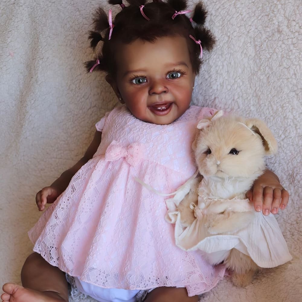 [New Series] 20" African American Baby Doll Real Lifelike Soft Cloth Reborn Cute Toddler Baby Girl Mariker With Two Teeth