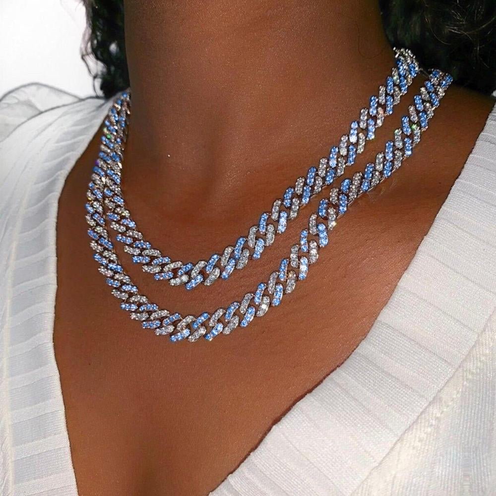 9MM Silver Blue Iced Out Cuban Link Chain Necklace-VESSFUL