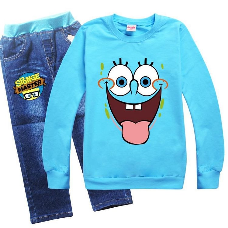 Mayoulove SpongeBob Print Girls Boys Pullover Hoodie And Jeans Outfit Sets-Mayoulove