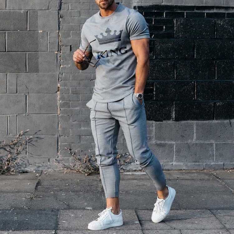 BrosWear Grey King T-Shirt And Pants Two Piece Set