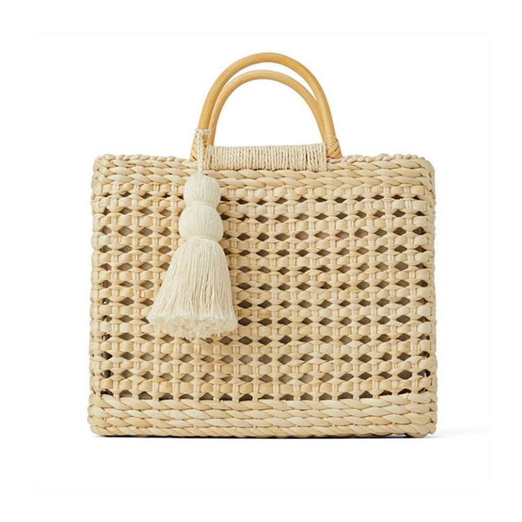 Women Summer Straw Crossbody Bag With Cute Tassels Pendant, Hand-woven Beach Shoulder Bag With Top Wooden Handle Tote Bag