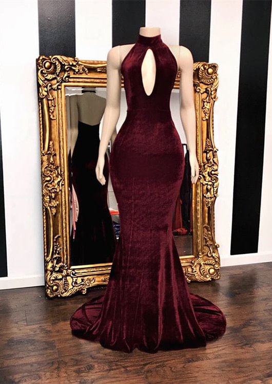 Luluslly High Neck Burgundy Keyhole Prom Dress Mermaid Velvet