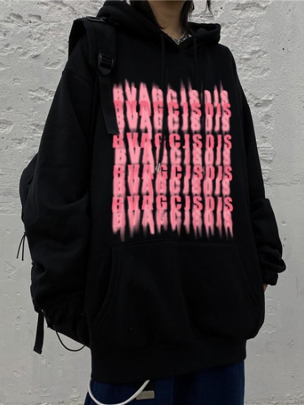 Statement Letter Printed Harajuku Style Drawstring Color Block Pullover Brushed Oversize Hoodie