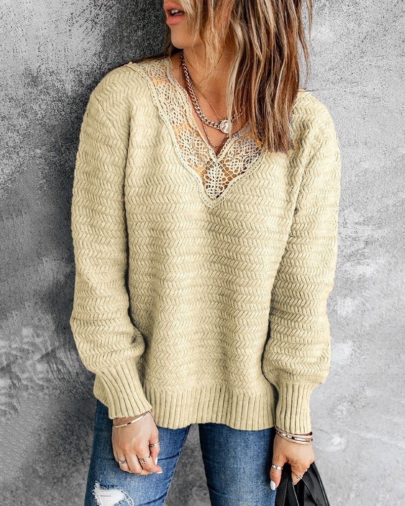 V-Neck Lace Patch Long Sleeve Sweater-Corachic
