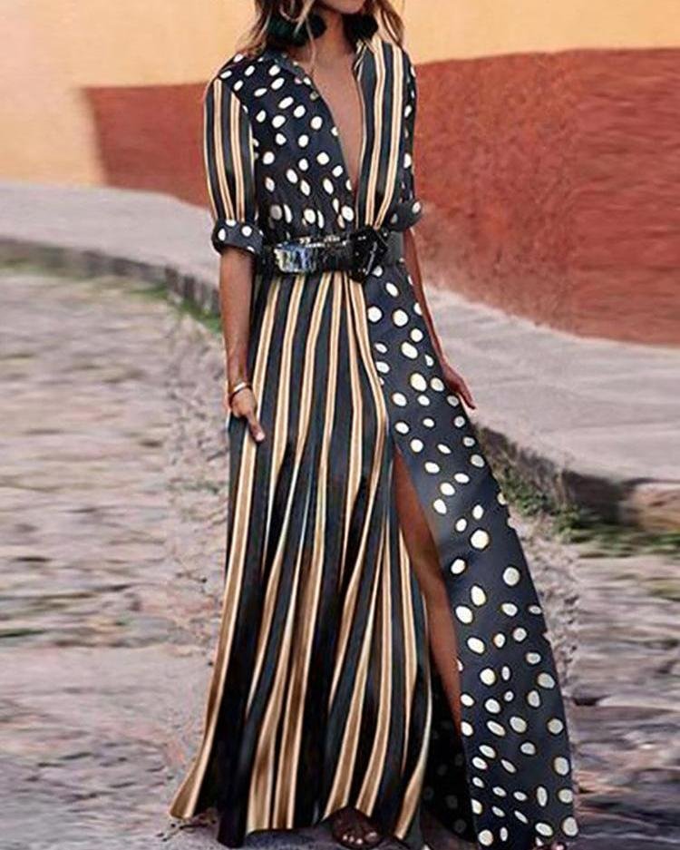 Dots & Stripes Plunge Slit Maxi Dress P11297