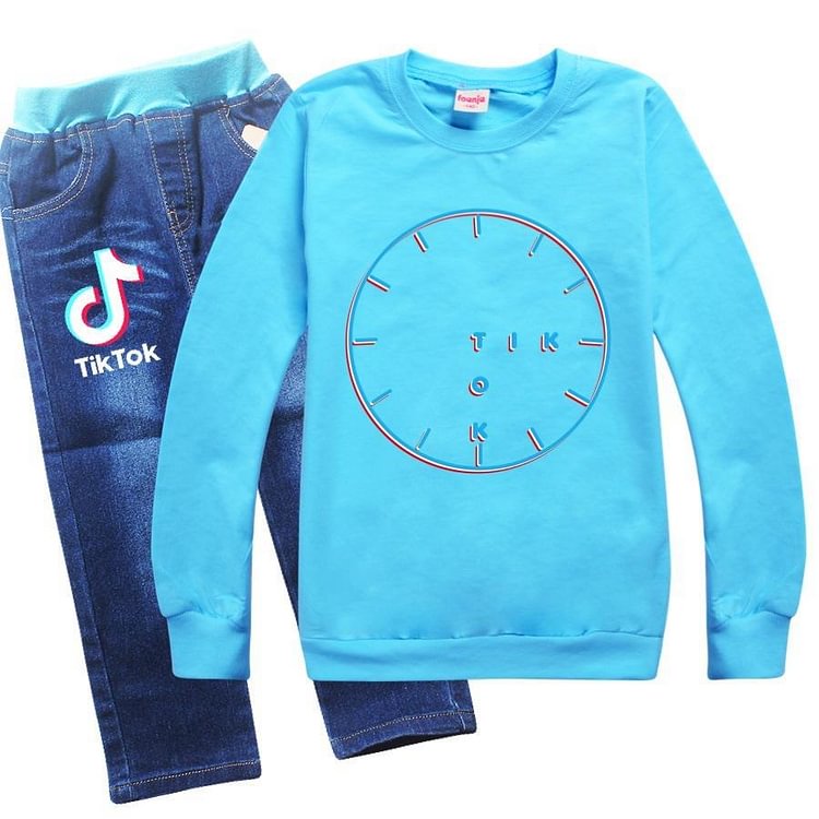 Mayoulove TikTok Clock Print Girls Boys Pullover Hoodie And Jeans Outfit Set-Mayoulove