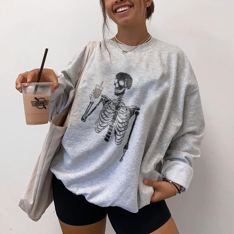 Minnieskull Skull Drink Milk Tea Printed Sweatshirt - Minnieskull