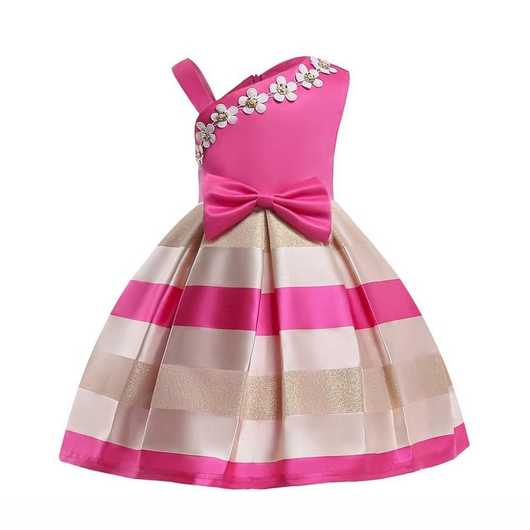 Girls Deep Pink Irregular Shoulder Beaded Bowknot Party Gown Dress-Mayoulove