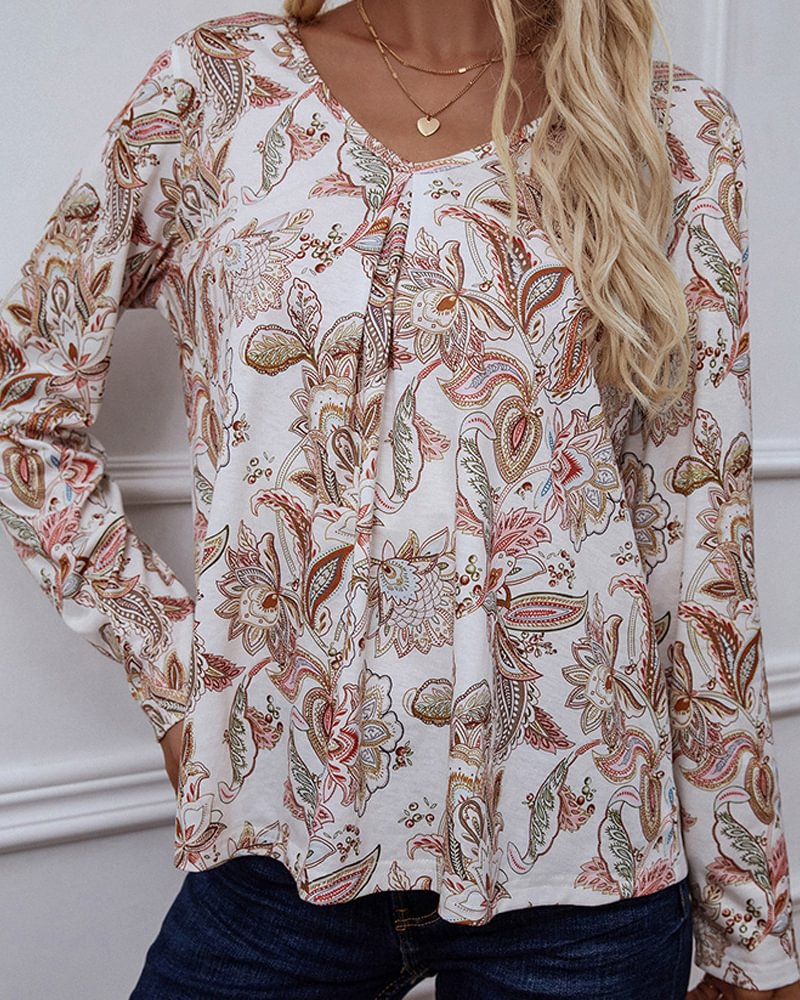 New V-Neck Pullover Print Long Sleeve Ladies Top Women