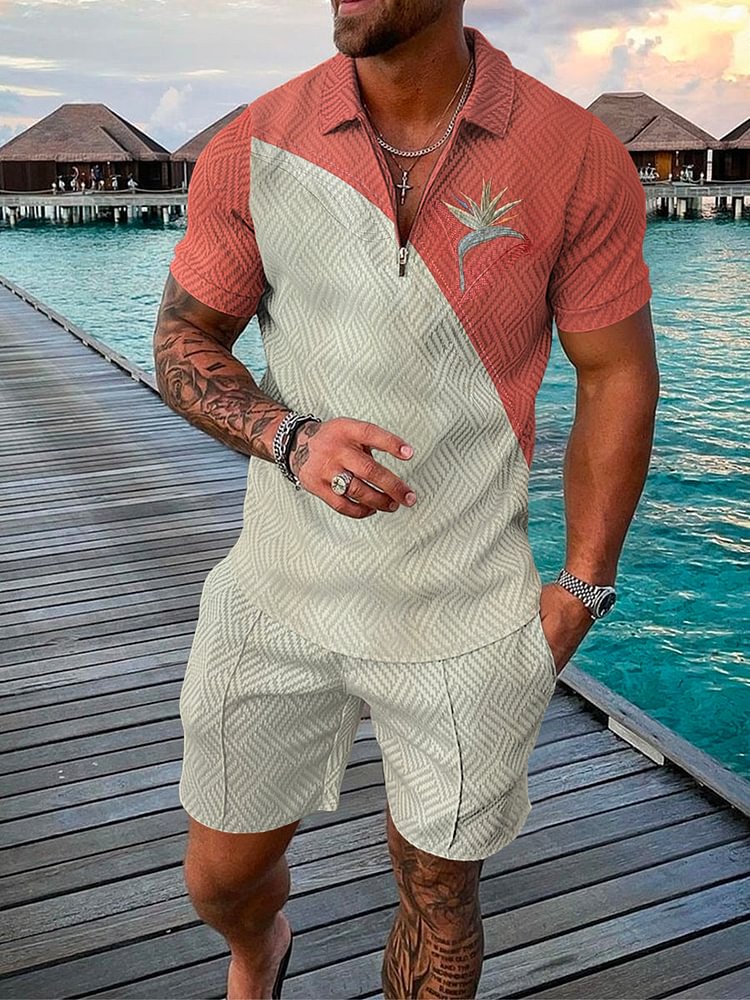 Men's Printed Contrast Color Polo Suit