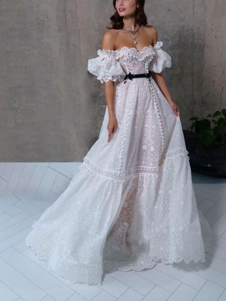 Lace off shoulder puff sleeves swing dress